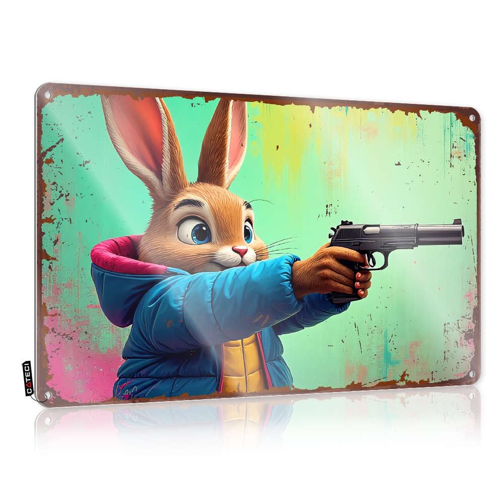 Posters Tin Wall Art - Rabbit Holding A Gun, Colorful Background. Gift For Camper New Retro Style Decoration For Office(20X30CM)