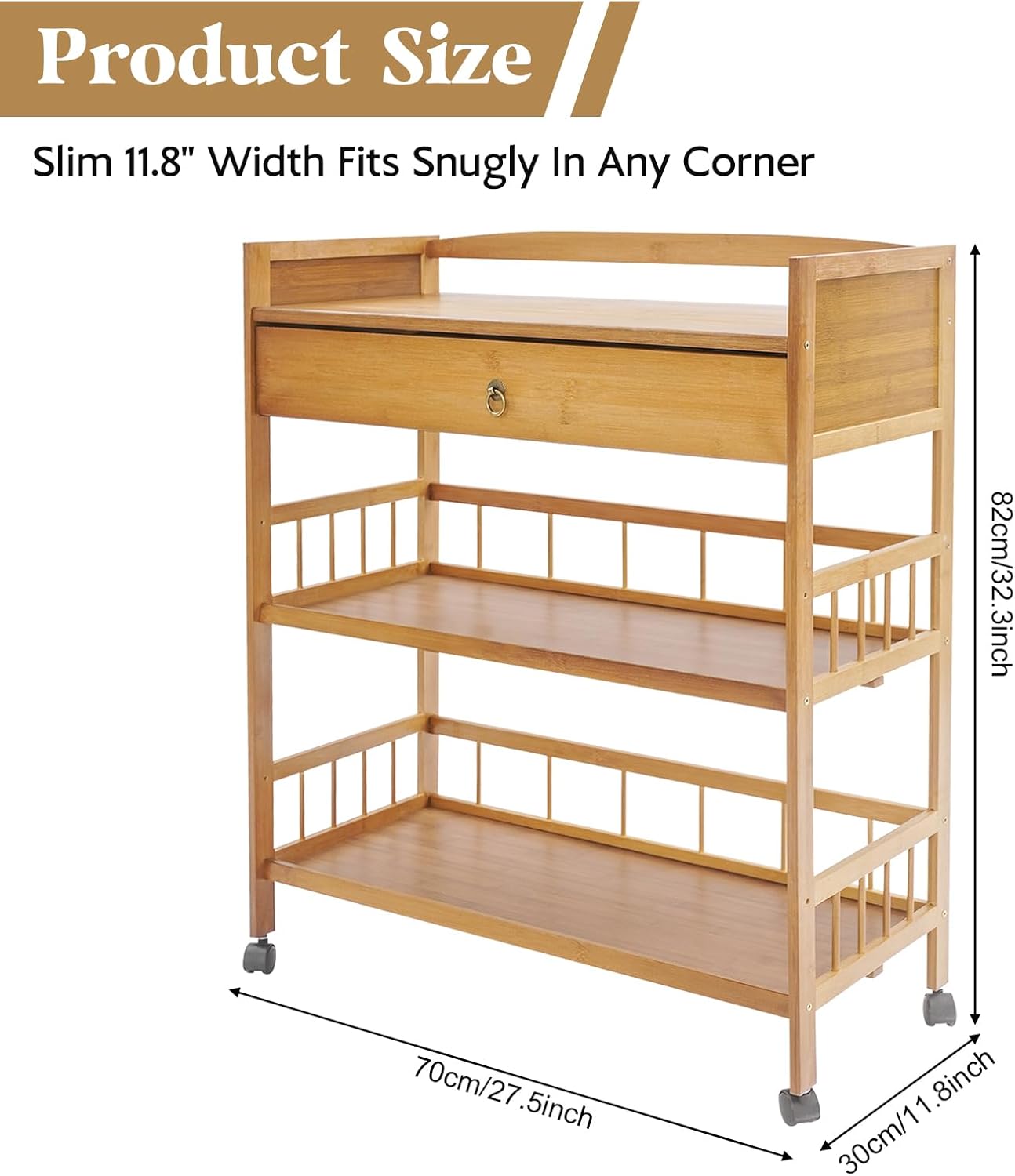 3-Tier Bamboo Rolling Cart, Wooden Kitchen Serving Cart with Drawer Storage, Storage Rack Utility Mobile Trolley with 4 Wheels for Home Bar Living Dining Room