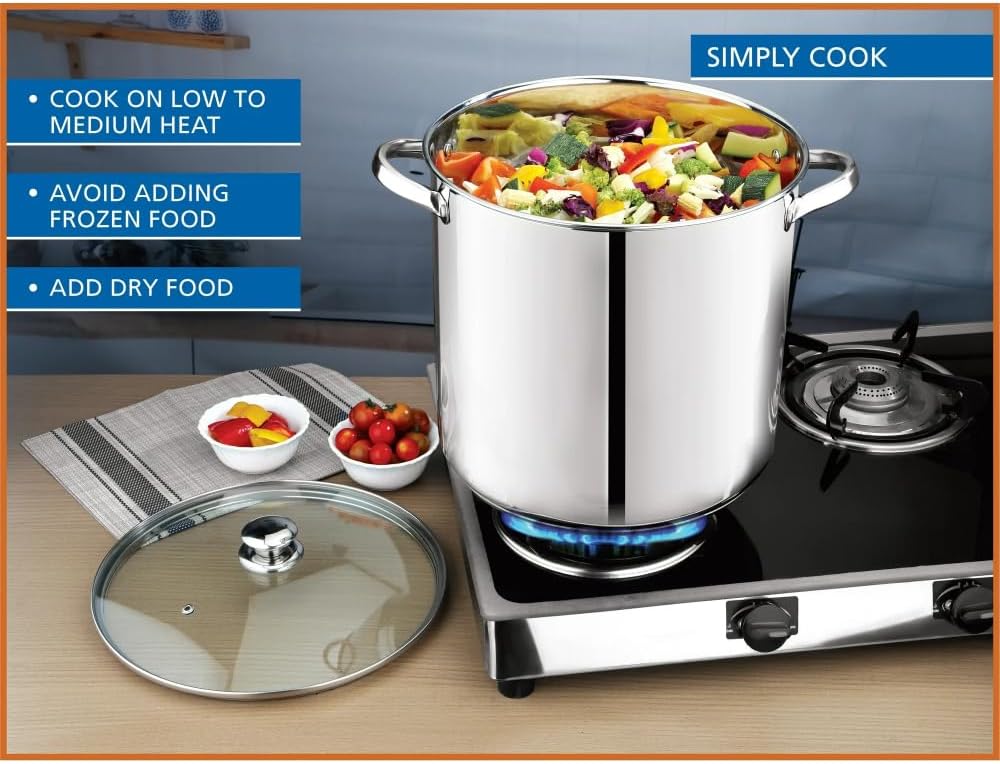 Stainless Steel 16-Quart Stock Pot with Glass Lid, Induction Compatible, Stainless Steel, Dishwasher Safe