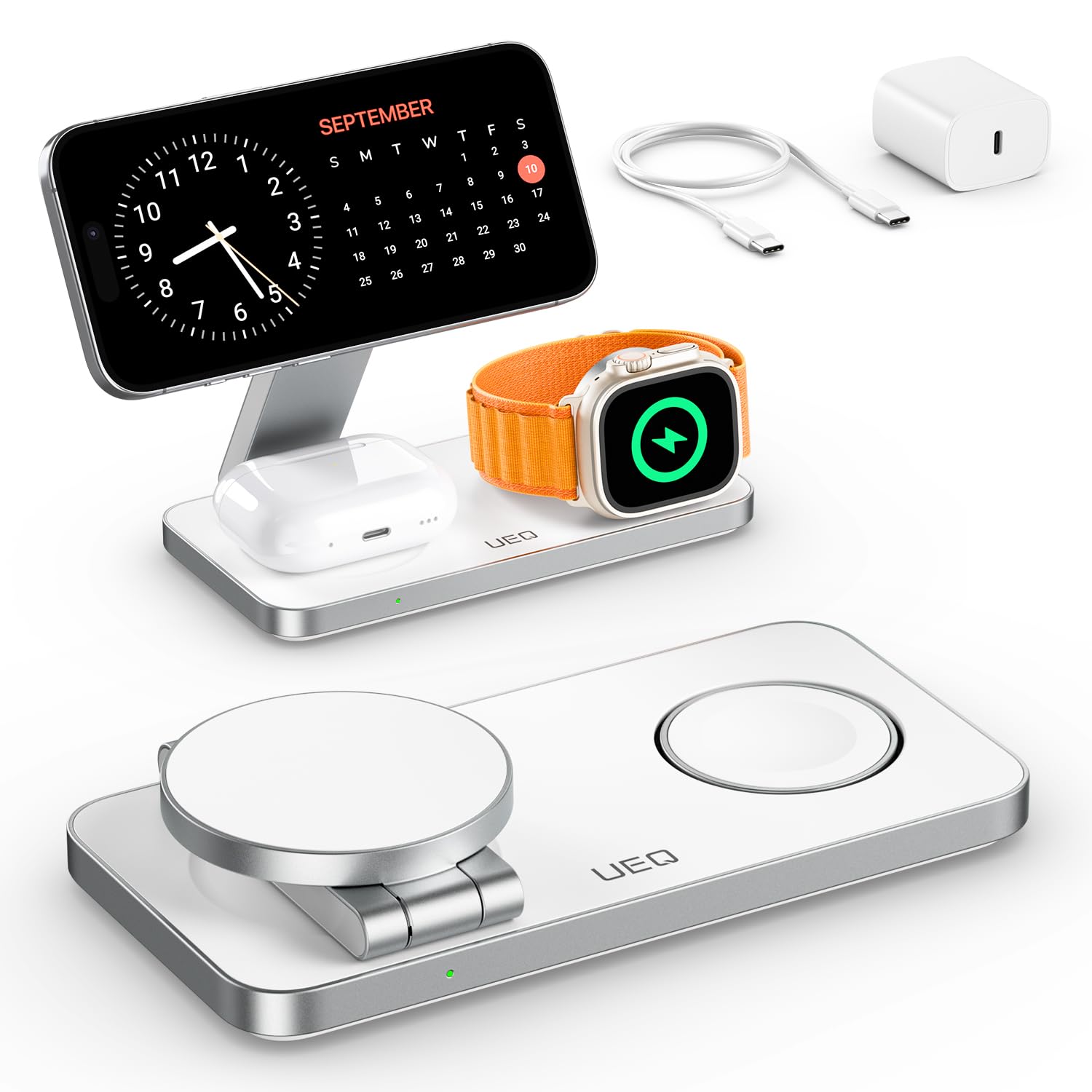 UEQ Foldable 3 in 1 Wireless Charging Station for Apple Compatible with Magsafe Charger Stand Magnetic Wireless Charger