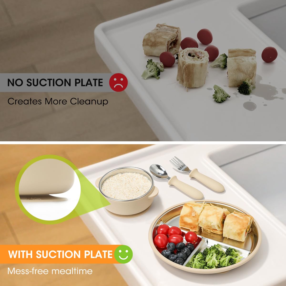 Platos y cuencos de acero inoxidable para niños con succión, juego de vajilla de 4 piezas para niños que incluye cuchara, tenedor, placas de succión divididas para niños pequeños y ventosas 6