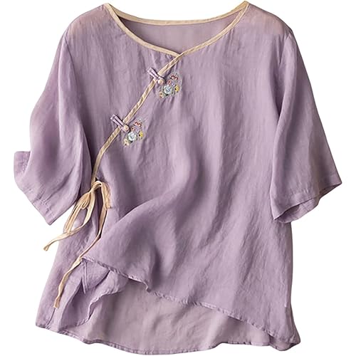 Floral Cotton Linen Retro Chinese Frog Button Blouses for Women Qipao Shirts 3/4 Sleeve Side Slit Jacquard Tops
