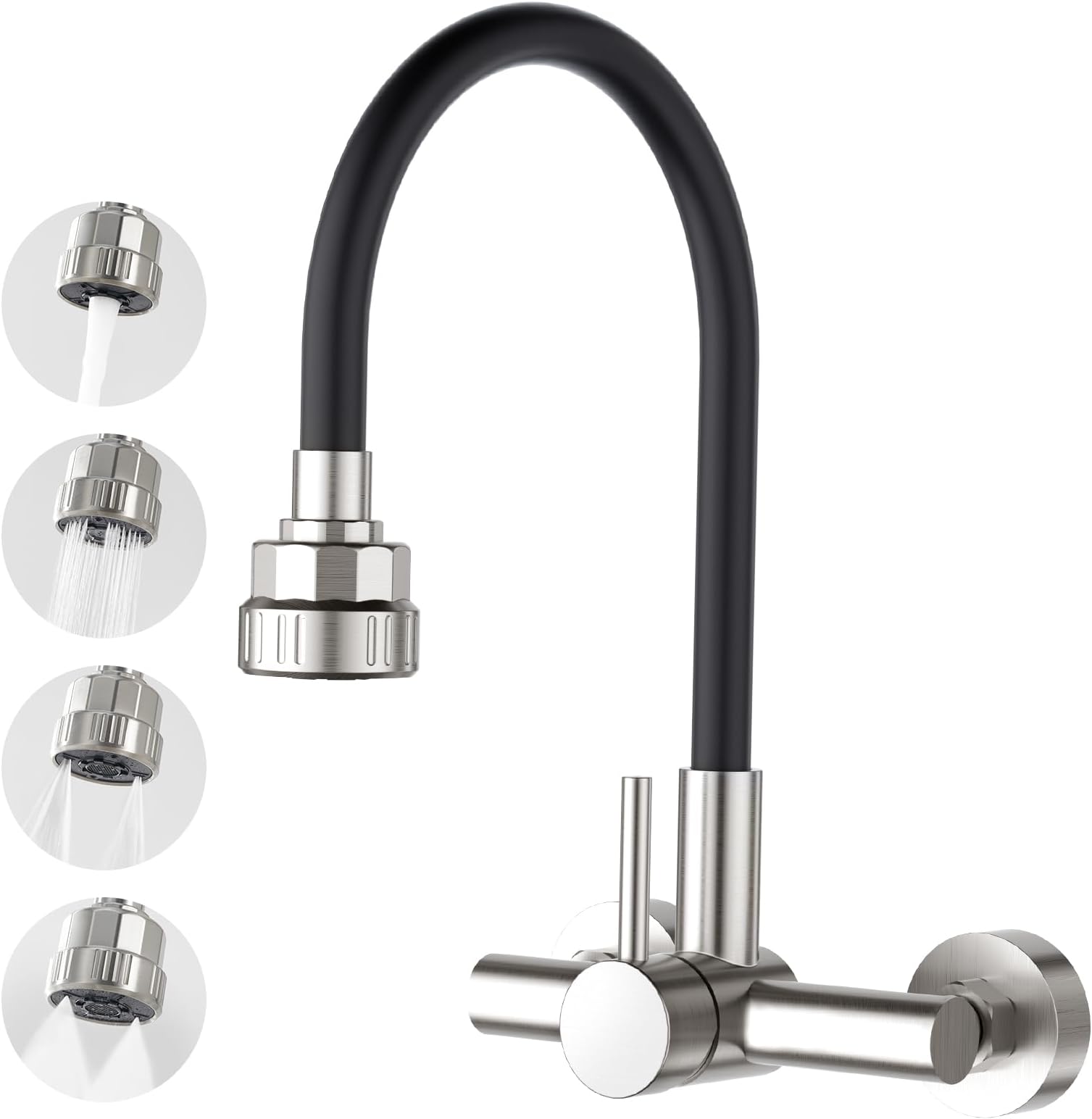 Kitchen Wall Mixer Tap with Four Function Sprayer Single Lever 360° Rotatable Sink Taps with Black Silicone Hose, Stainless Steel Brushed