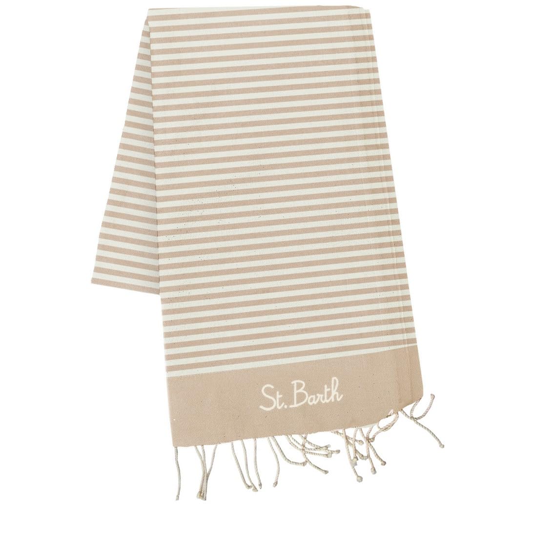 Saint Barth MC2 TELO MARE IN COTONE FOUTAS STRIPES BIANCO E BEIGE S 11 EMB