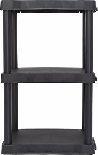Black Plastic 3-Tier Storage Shelving Unit, 32" H x 20.07" W x 12" D, 150 lb Capacity, Tool-Free Assembly