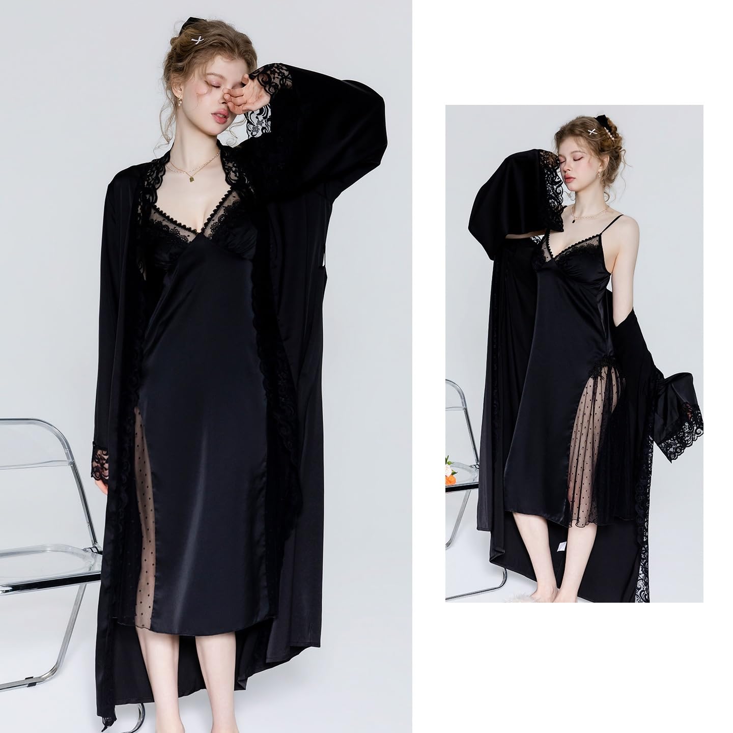 Zweiteiliger Nachtwäsche Set Completo Sottoveste/Vestaglia Lunga in Raso, Pizzo E Rete Trasparente A Pois