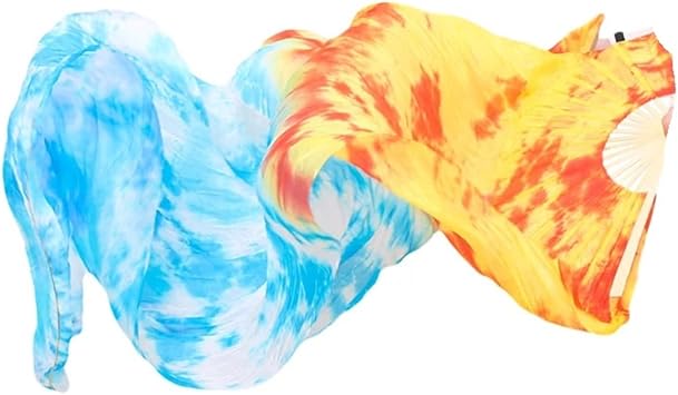 Silk Veil Fan 1 Pair Real Silk Belly Dance Veil Fans Handmade Dyed Performance Long Fan Belly Dancing Real Silk FanYellow,150x90cm