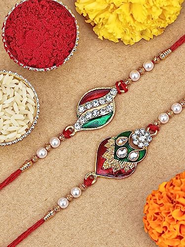 Image of Sukkhi Rakhi for Brother Stylish Kundan Combo & Designer Gold Plated with Roli Chawal & Greeting Card Set of 2