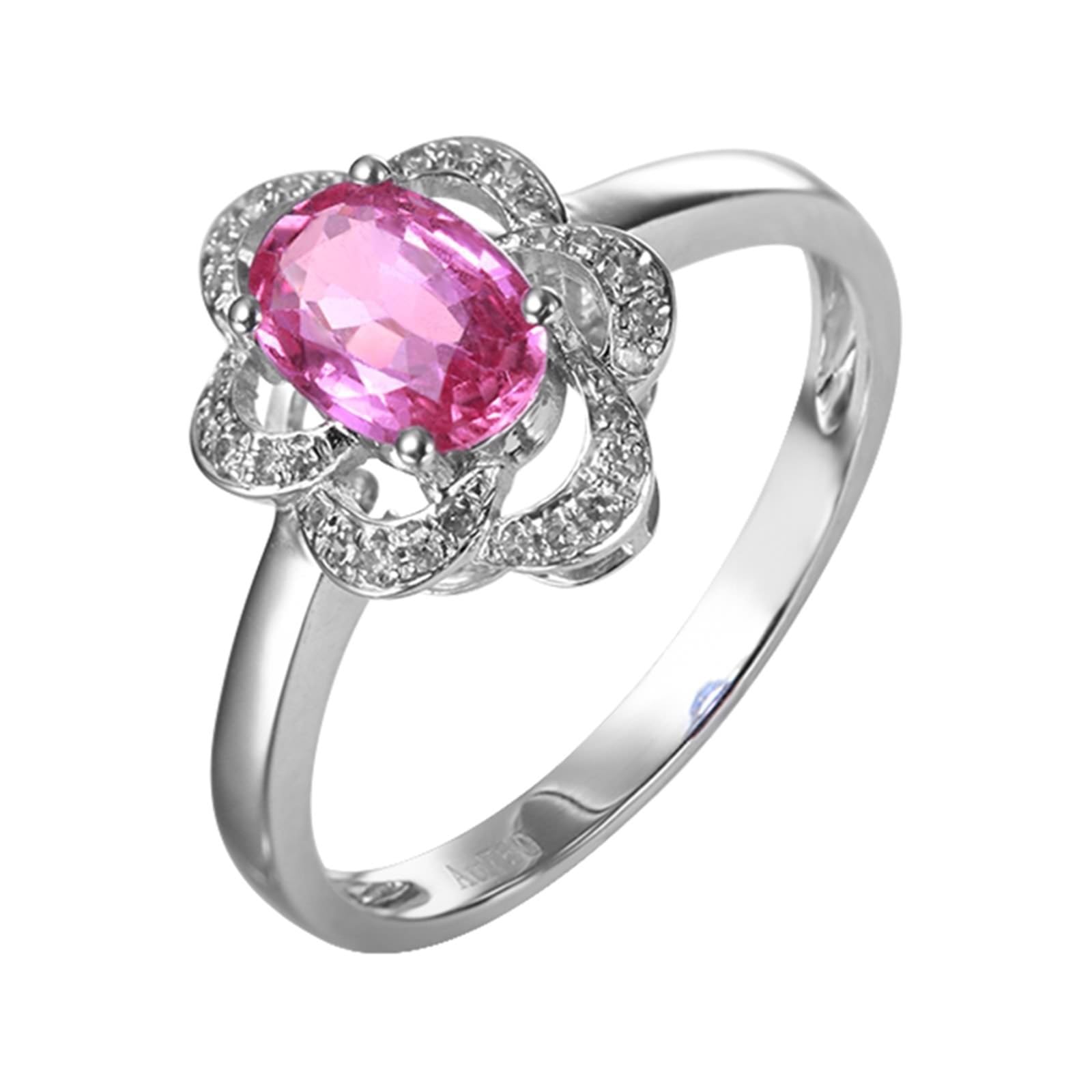 Bague en or blanc 18 carats Au750 avec fleurs et saphir 0,9 carat taille ovale - Alliances avec diamant en or 750 véritable