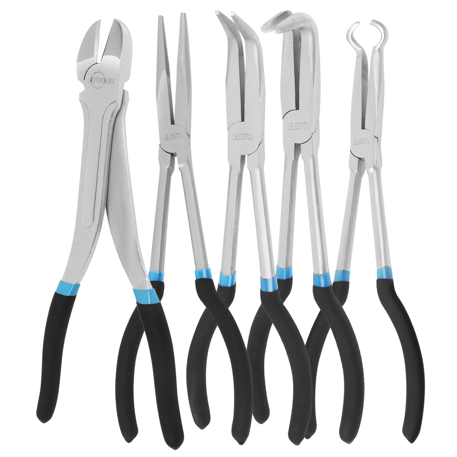 LEJOSTOL 5 PCS Extra Long Needle Nose Pliers Set, 11" Long Reach Diagonal, Straight, 45& 90Bent Nose, Circle Nose - Ideal for Precision Work in Narrow