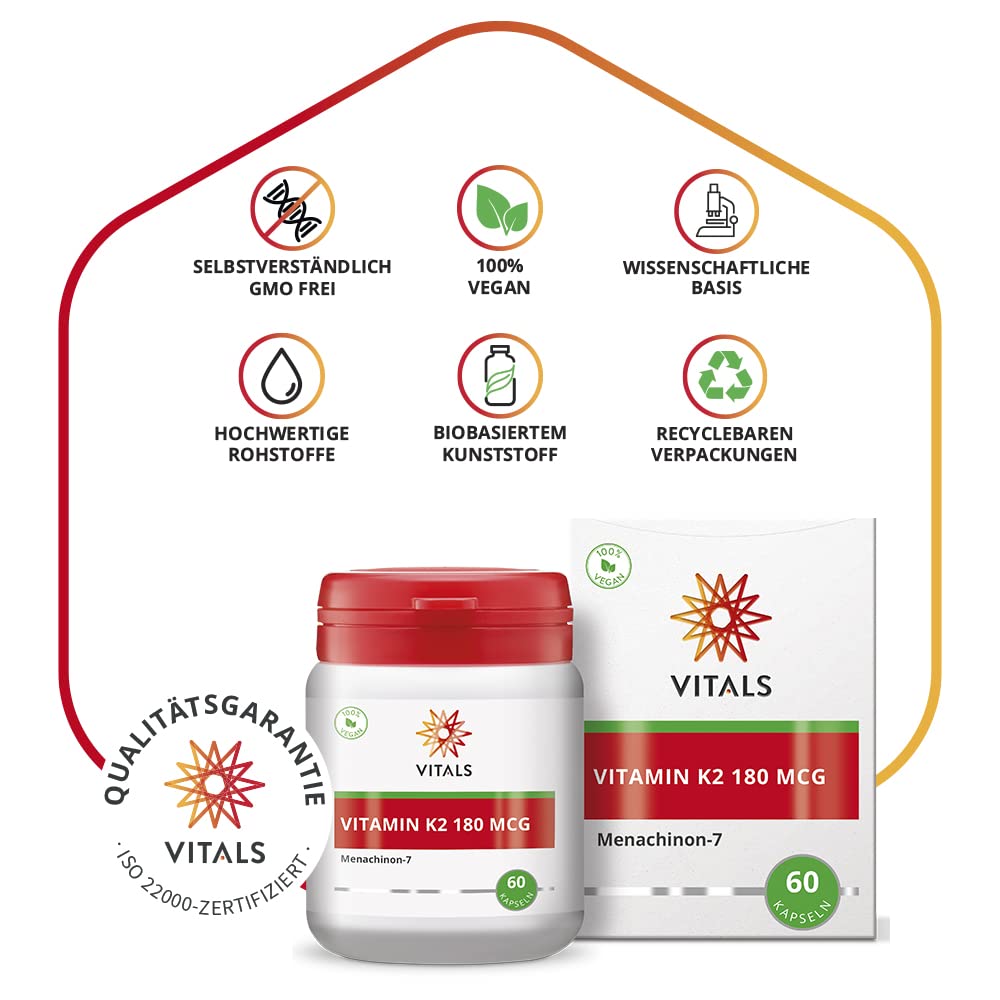 Vitals - Vitamin K2 180mcg, 60 Kapseln. K2 in der überlegenen Form von Menachinon-7 (MK-7). Enthält K2VitalDelta, das eine sehr hohe Stabilität aufweist.