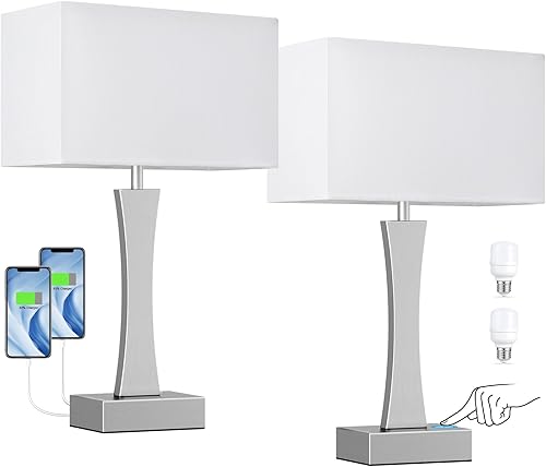 Miniatura 8 de Lámparas de noche para mesitas de noche, lámpara de mesa regulable de 3 vías para dormitorio con puertos USB C+A, juego de 2 lámparas de noche