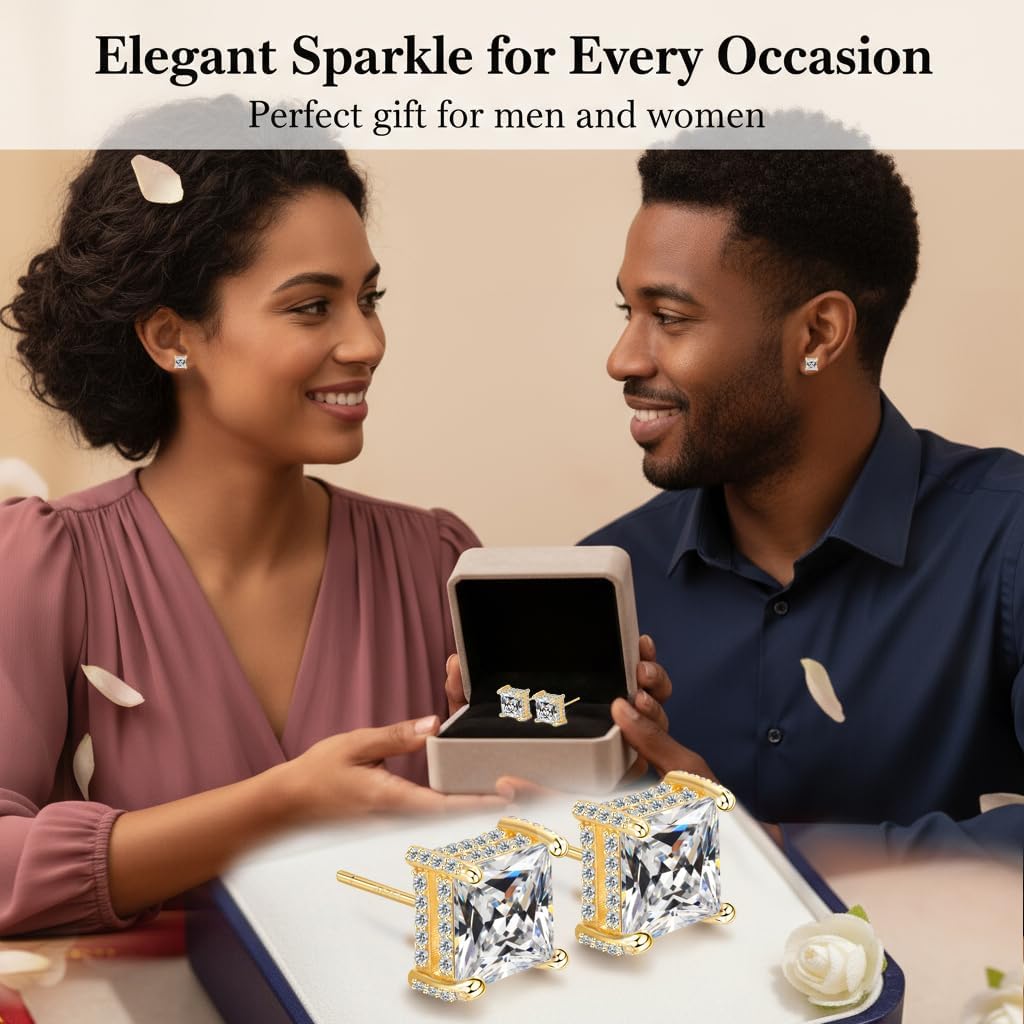 Hypoallergenic Cubic Zirconia Stud Earrings for Women & Men 24K Gold Plated Sterling Silver Post, Big Brilliant CZ Simulated Diamond Halo Studs Sensitive Ear Friendly Fashion Jewelry Gift (SE-3003) - Image 3