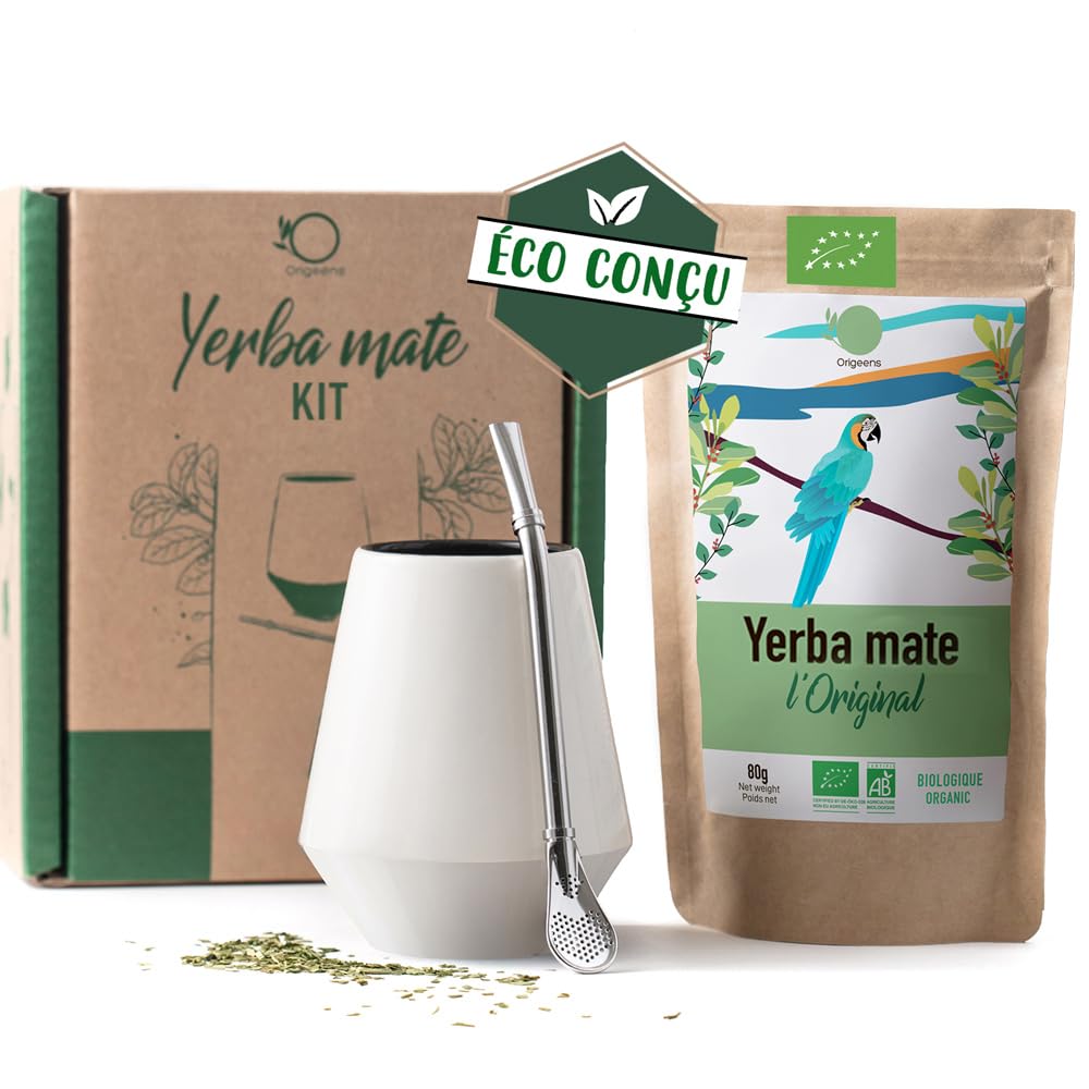 ORIGEENS CALEBASSE MATÉ - Conditionné en France - Kit Mate Complet avec Tasse Maté Céramique Artisanale (Portugal), Bombilla, Yerba Mate BIO inclus - Coffret Cadeau