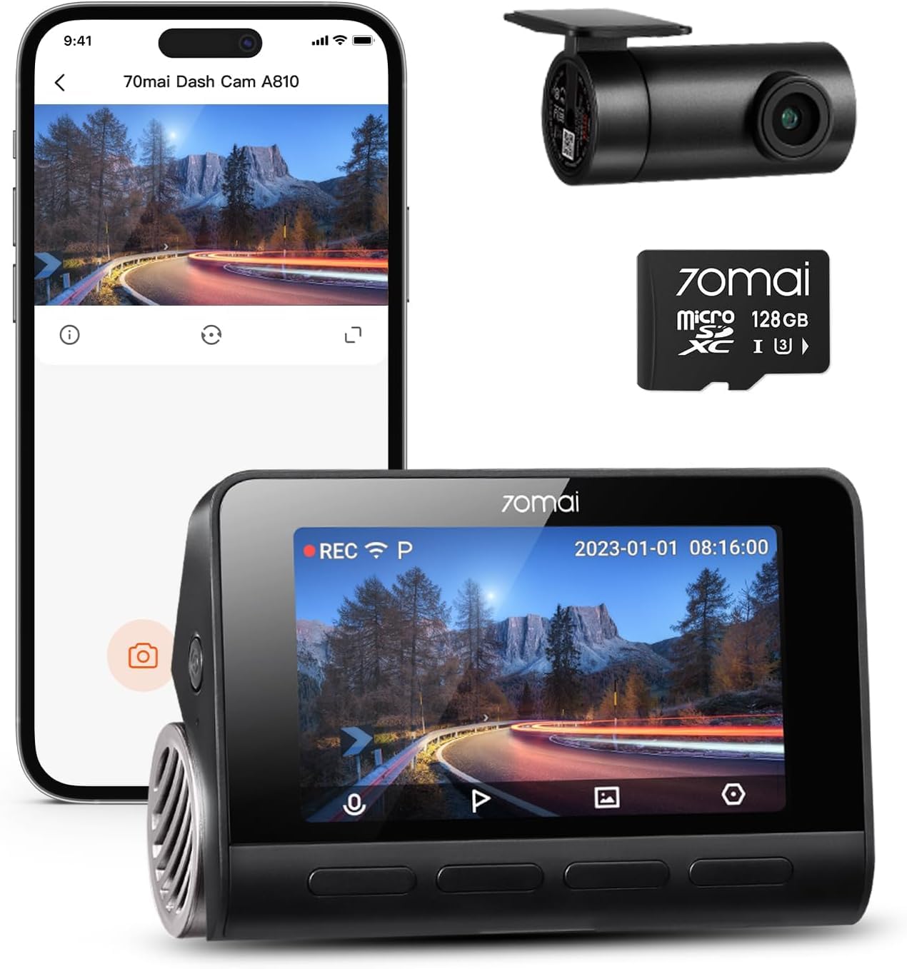 70mai 4K+1080P Dash Cam Auto A810 Fronte Retro Dashcam con Scheda SD da 128GB, GPS e WiFi Integrato, Visione Notturna, Modalità Parcheggio 24H, Registrazione in Loop, Controllo Tramite APP