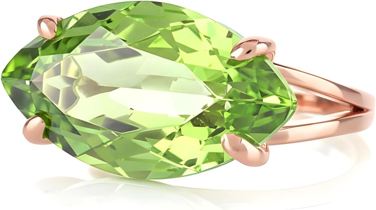 14k Gold Marquise Cut Green Tourmaline Ring - October Birthstone Solitaire - Statement Cocktail Gemstone Ring for Women