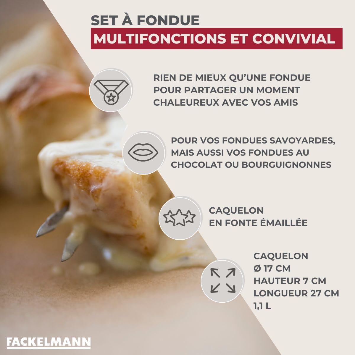Fackelmann 687915 Set à Fondue au Fromage 2 Personnes Fonte émaillée Appareil, Bois,Acier Inoxydable, Noir,Blanc,Rouge