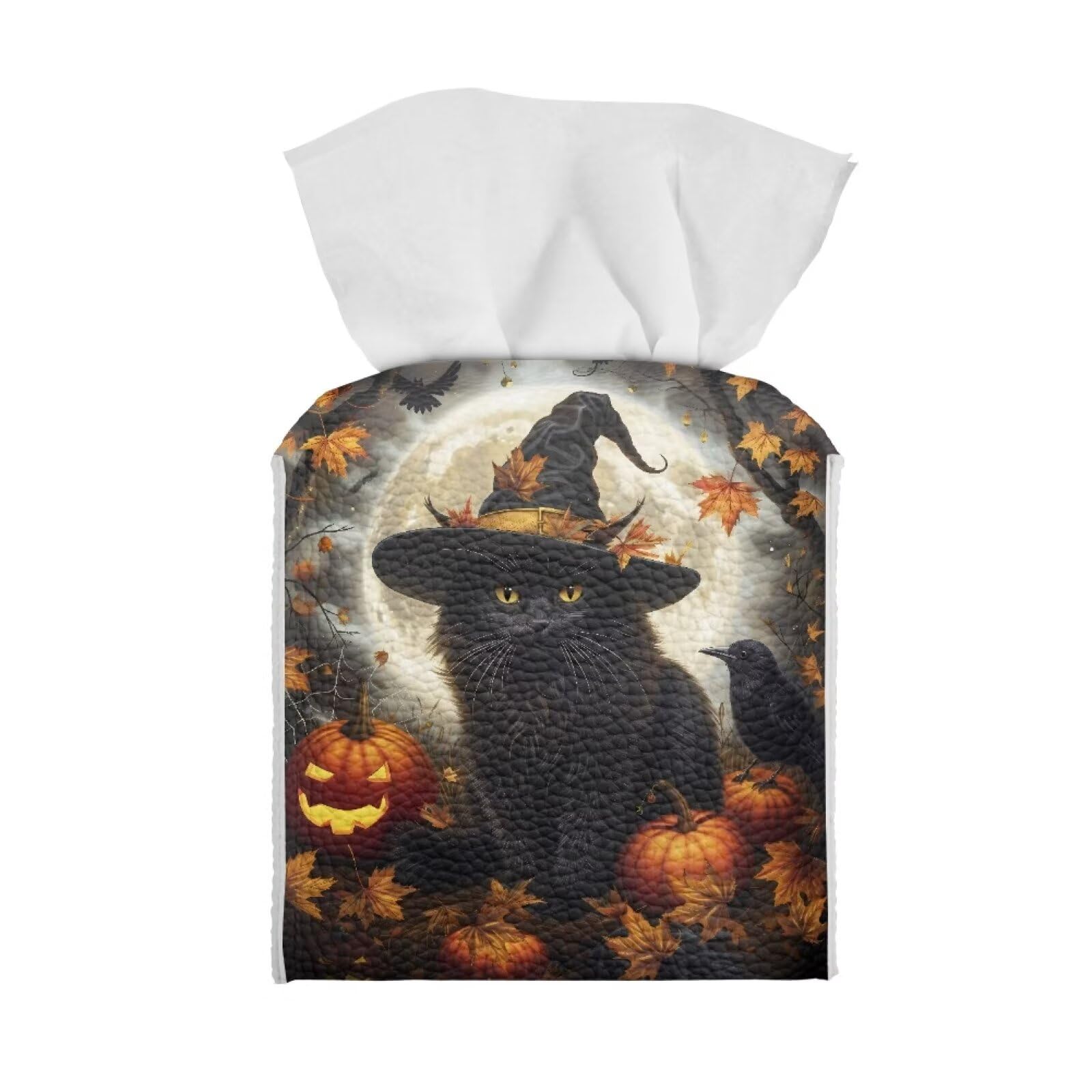 Sellikakes Halloween Black Cat Pumpkin Tissue Box Covers Square for Bathroom, PU Leather Decorative Cover, Soft Facial Kleenex Napkin Tissues Organizer, Easy to Care