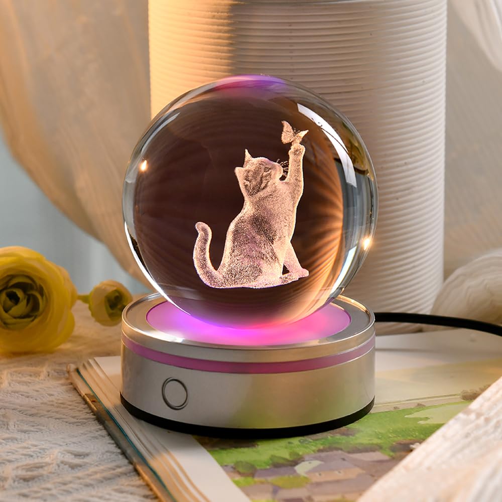 ZRENJHUS 3D Cat Crystal Ball Gifts for Women 80mm Cat Lover Gift for Her Glass Sphere Kitten Night — view 2