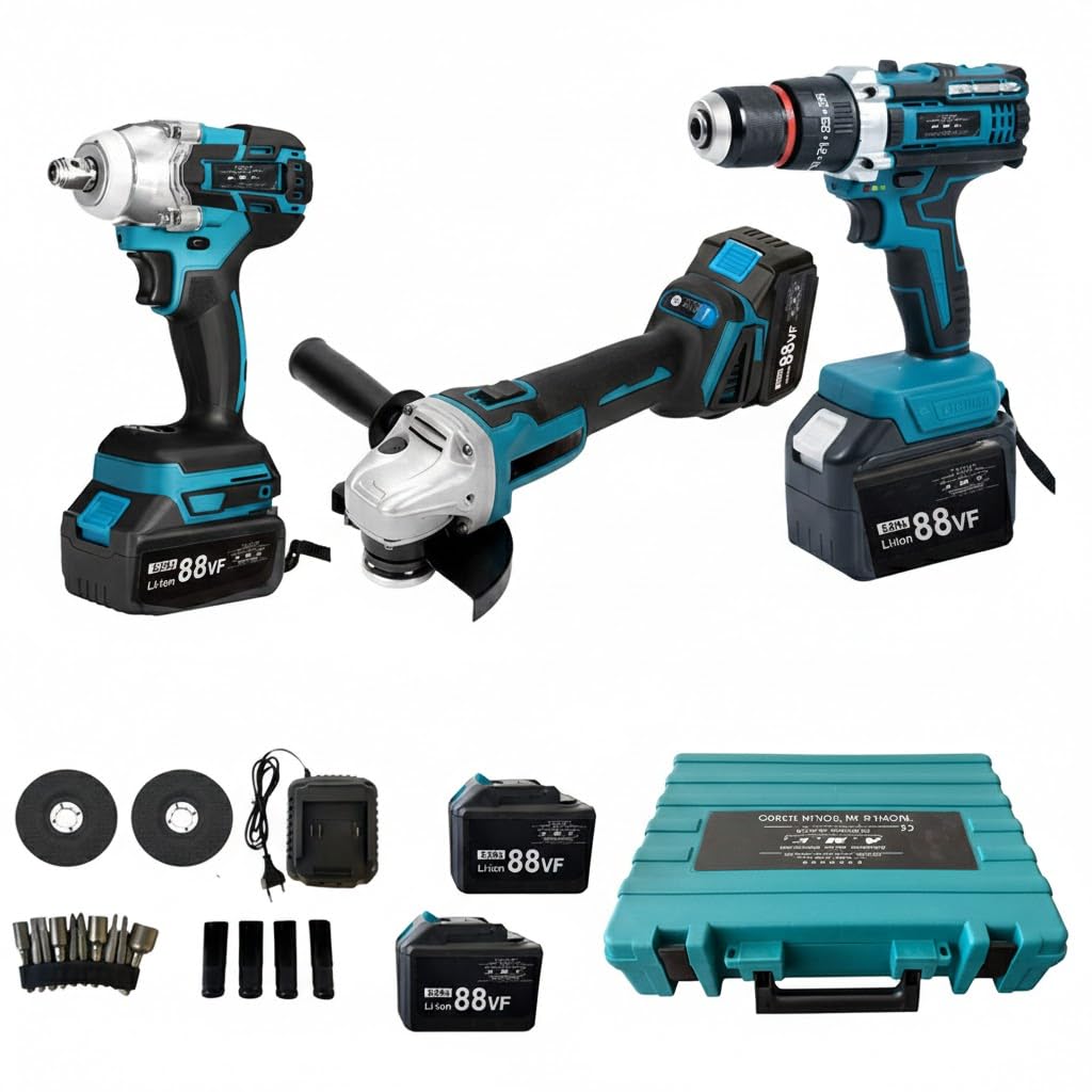 Kit Utensili 3 in 1 88V: Trapano, Smerigliatrice e Avvitatore a Impulsi - Set Cordless con 2 Batterie e Valigetta