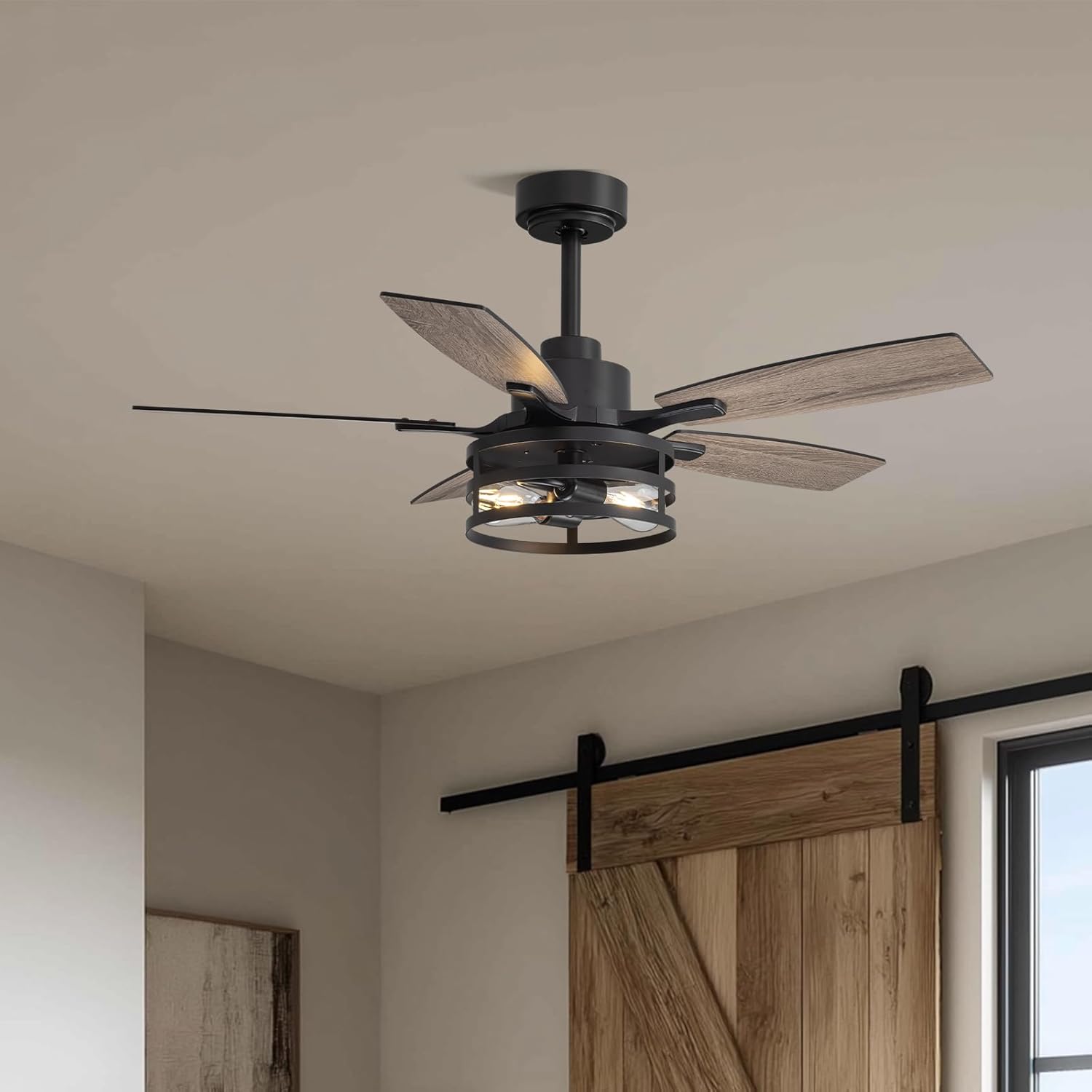 42-Inch Farmhouse Flush Mount Ceiling Fans with Light Vintage Wood-Grain Quiet High Power Motor APP + Remote Control. For indoor spaces bedrooms living rooms and patios.