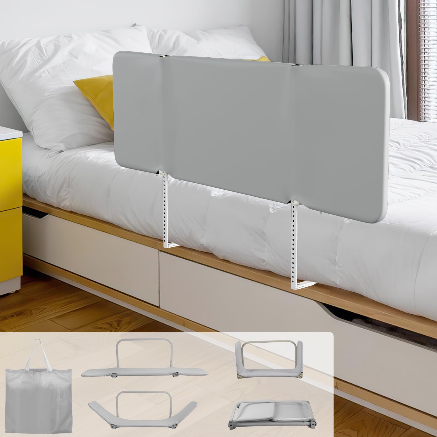 Eulenke - Barrière de lit - Réglable en hauteur - 150 cm - Protection anti-chute - Pliable - Barrière de protection de lit pour enfant - Portable - Installation simple - Gris
