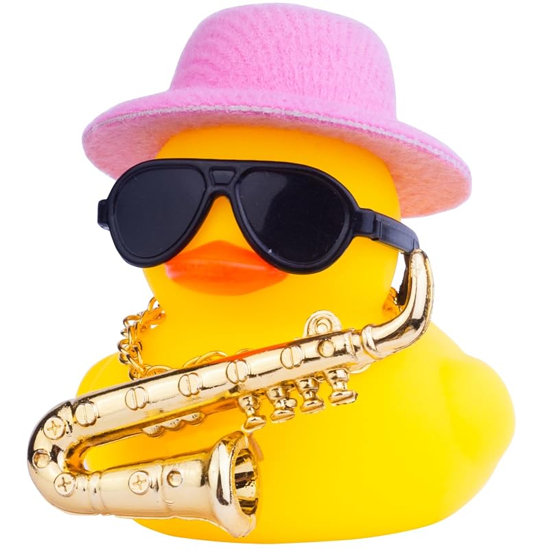 Pato de Borracha Rosa para Painel do Carro MuMyer com Chapéu, Óculos, Colar e Instrumento Musical