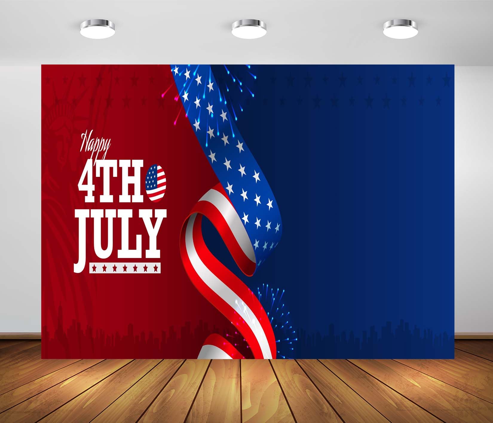 BELECO 10x8ft Fabric Happy 4th of July Backdrop American Flag Statue of Liberty Firework NYC Skyline Background Happy Independence Day Memorial Day