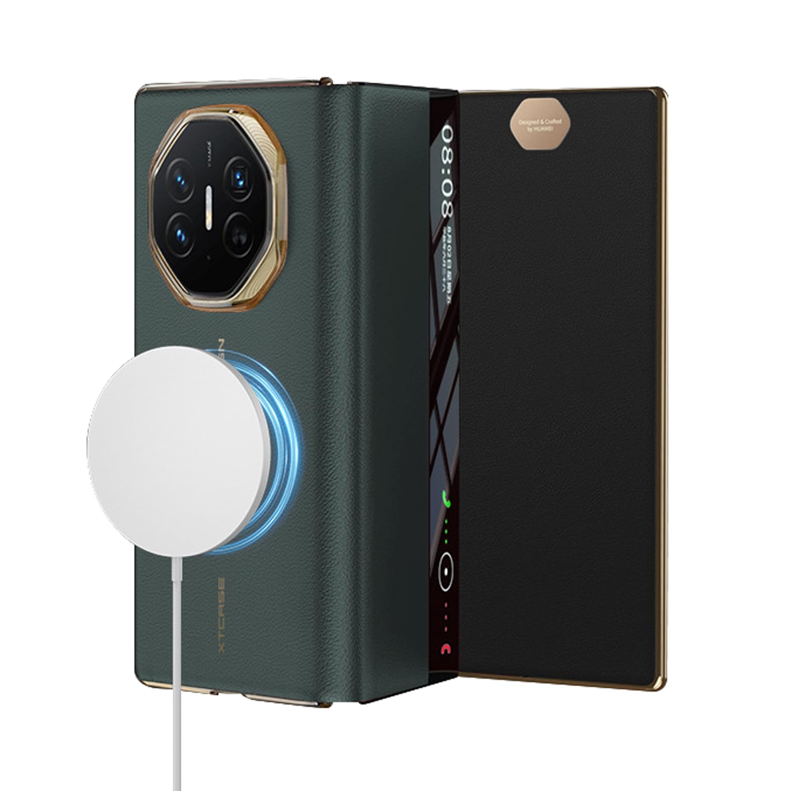Etui do Huawei Mate XT, funkcja inteligentnego widoku okna z klapką magnetyczne bezprzewodowe ładowanie minimalistyczne skórzane etui ochronne na telefon zielone