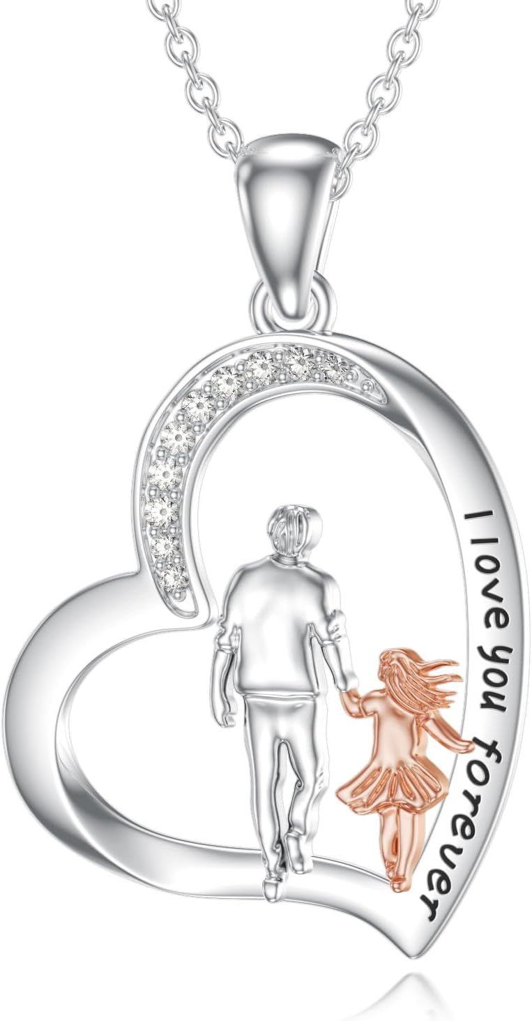 Diamond Father Daughter Necklace 925 Sterling Silver Daughter and Dad Heart Pendant I Love You Forever Jewelry Gifts for Women Sister Daughters