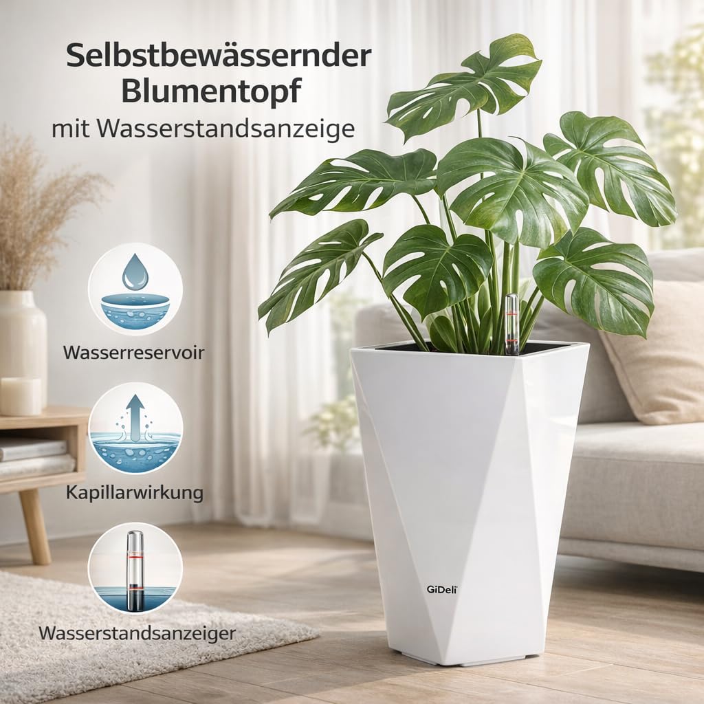 GiDeli Selbstwässernder Blumentopf - Selbstbewässerungstopf mit Wasserstandsanzeige - Blumentöpfe, der vor Überlaufen und Verrotten Schützt - Zeitsparender Pflanztöpf