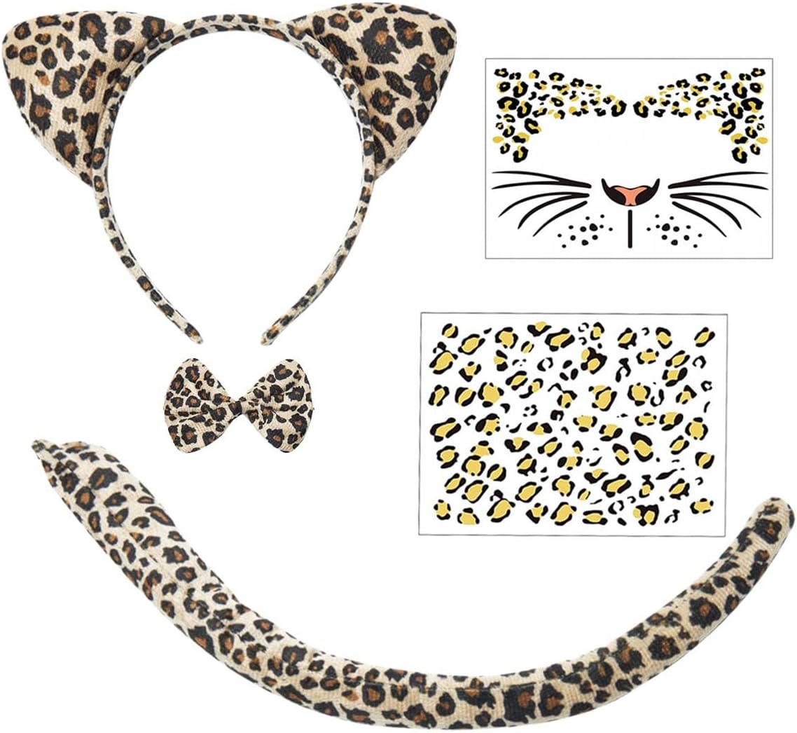 Leopard Cheetah Ears and Tail Cheetah Costume Women Leopard Ears Headband with Stickers Halloween Headband Cosplay Set