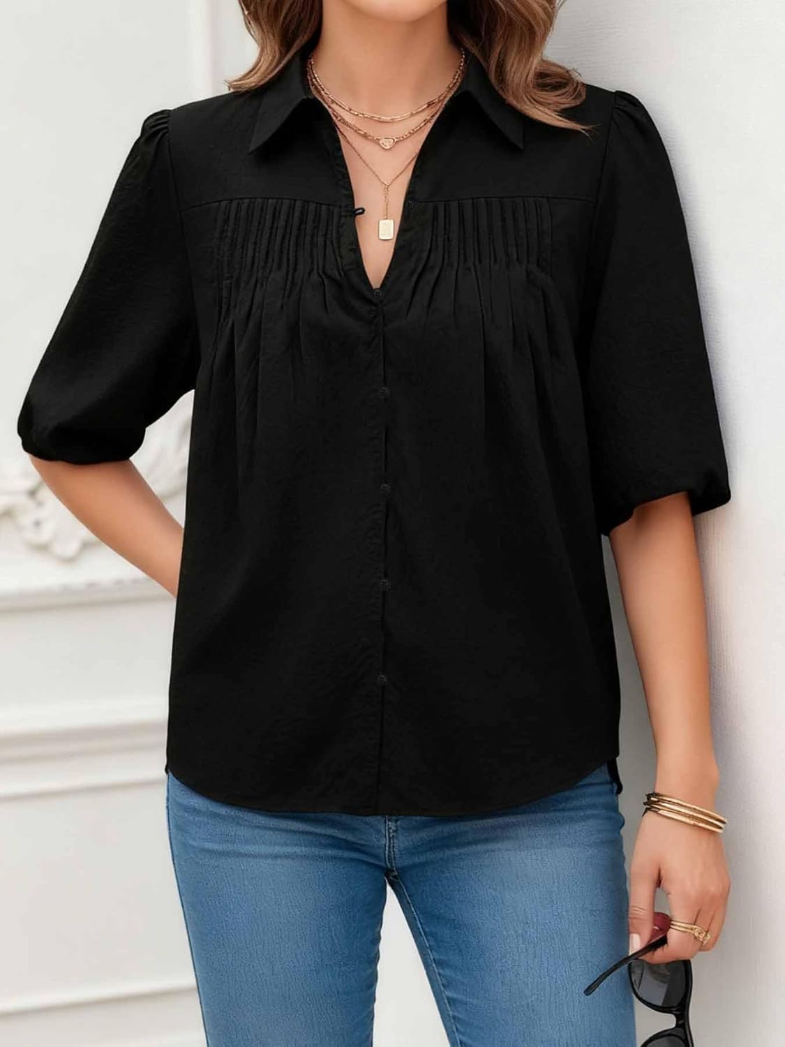 Women's 100% Cotton Button Shirt Casual V Neck Puff Sleeve Blouse Tops for Daily & Office Wear - Image 4