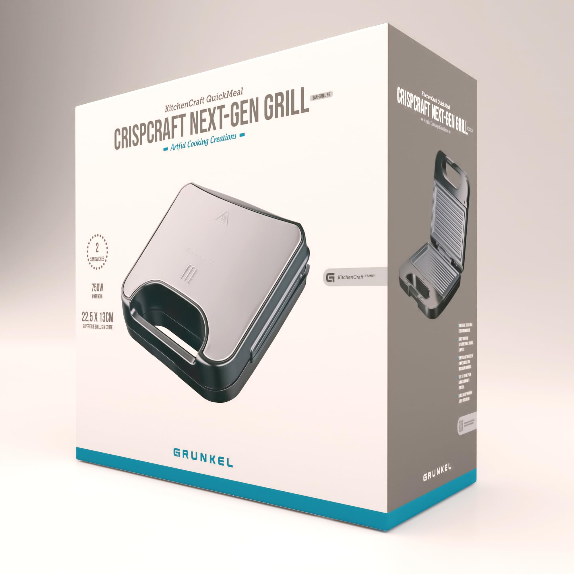 Grunkel - Sandwichera con Grill para 2 sandwiches con corte. Superficie antideslizante y antiadherente de 750W de potencia y tacto frío (Corte Cuadrado Blanca) (Negro, Grill)