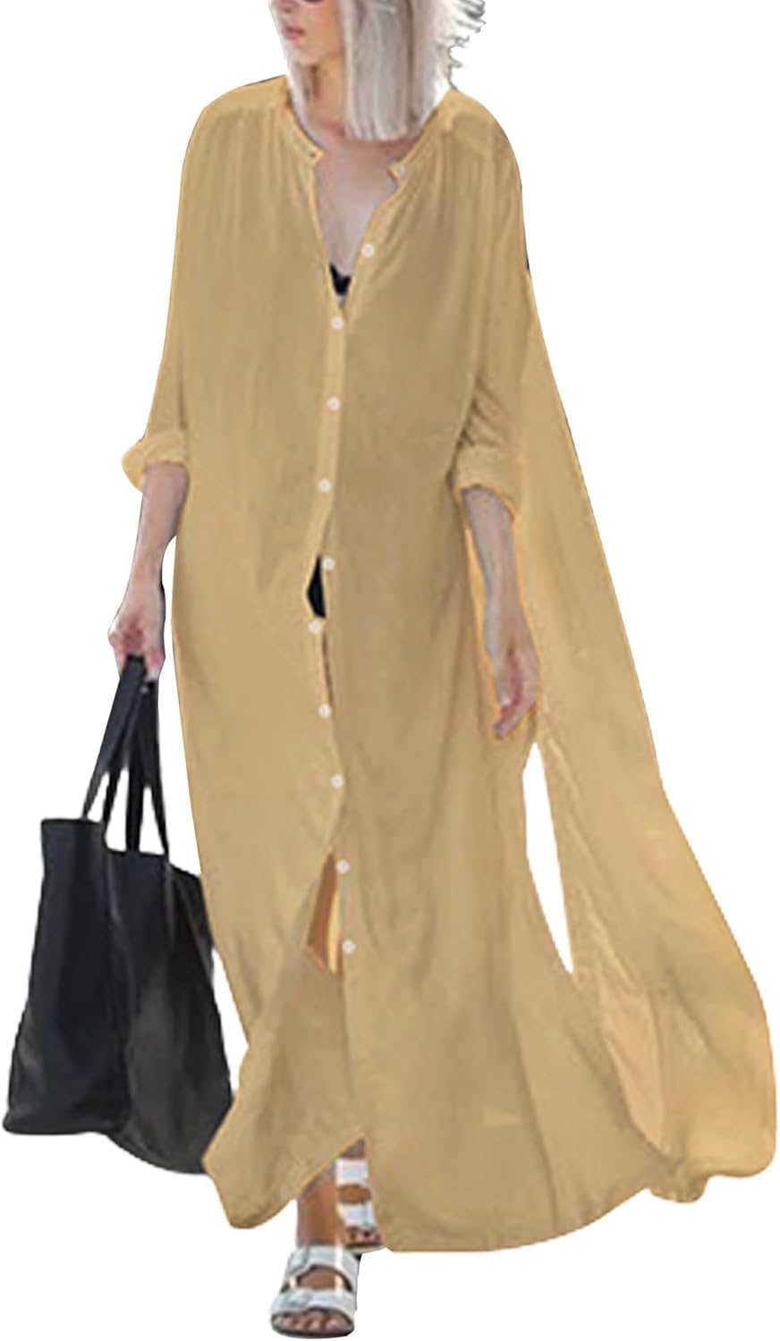 Bsubseach Women’s Kimono Swimsuit Coverup Beach Dress Lightweight Long Sleeve Bikini Cardigan Button Front Side Slit Cover Up