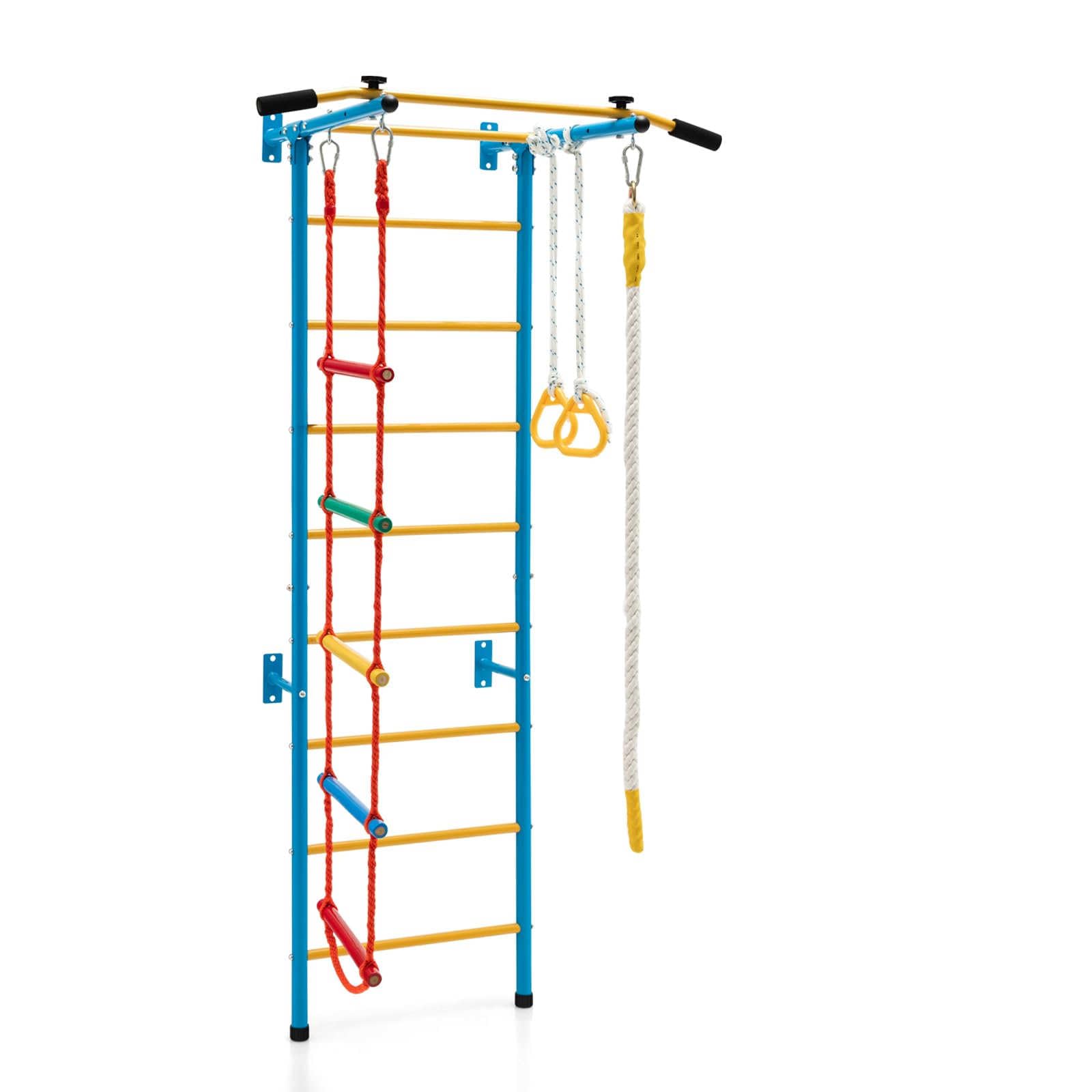 HOMASIS Escalera Sueca Mural 5 en 1, Espalier de Madera con Barra de Tracción, Escalera de Cuerda, Cuerda y Anillos de Gimnasia, Juego de Escalada para Adultos y Niños de 3 Años+ (Amarillo)