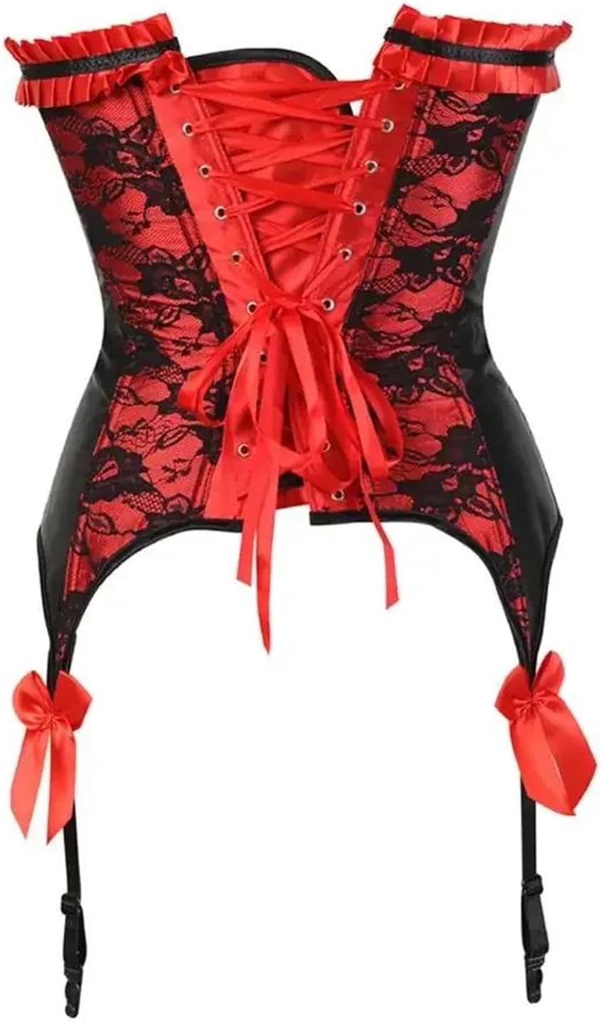Alloaone Women's Gothic Punk Renaissance Print Corset Top With Ruffles Lace Up Back Bustier Costume