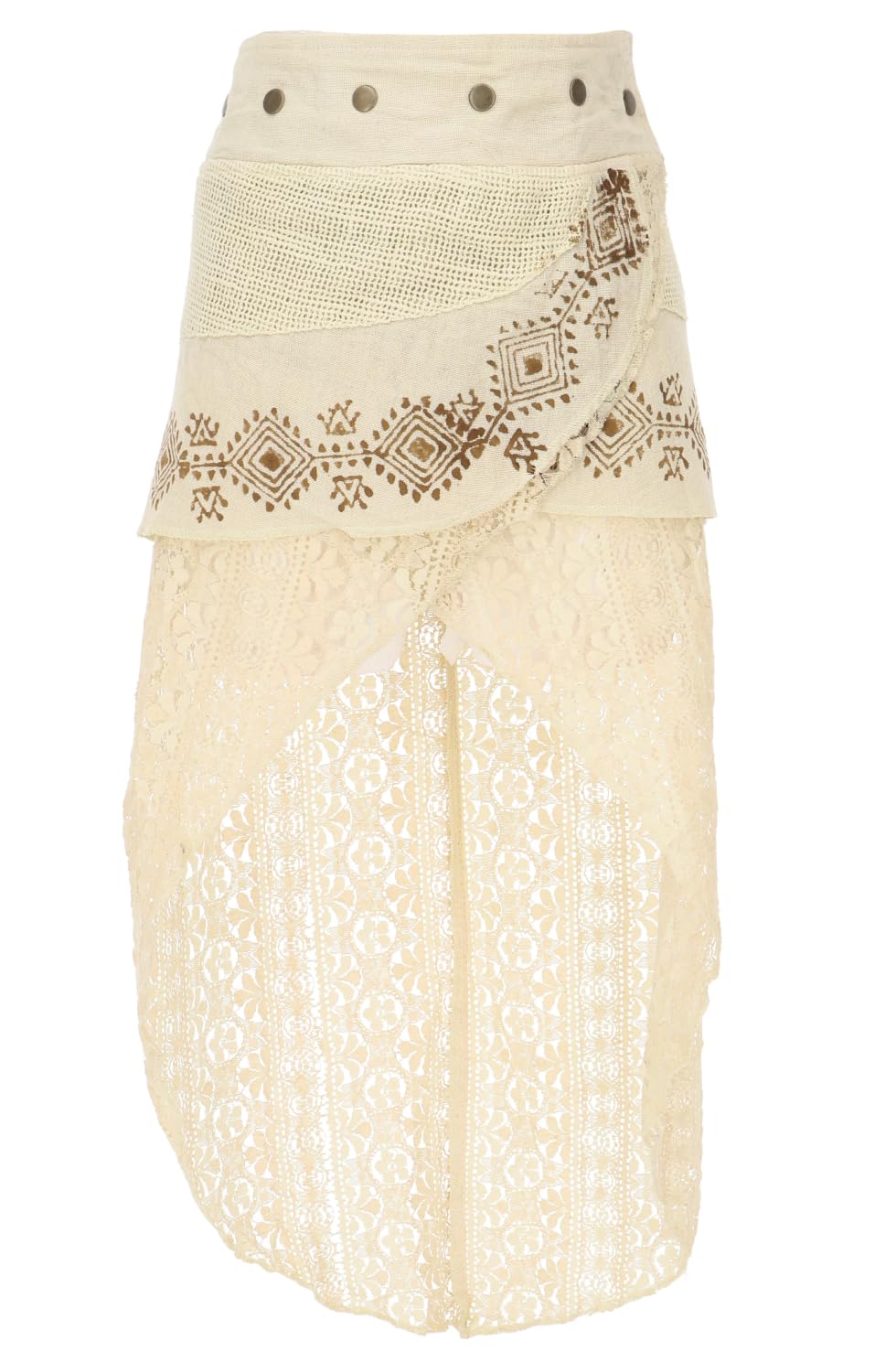 Psytrance Goa Pixi Lagenrock, Wickelrock mit Spitze, Damen, altrosa | Asymmetrischer Minirock aus Baumwollspitze, Slim Fit, handgefertigter Blockdruck, vielseitig kombinierbar.