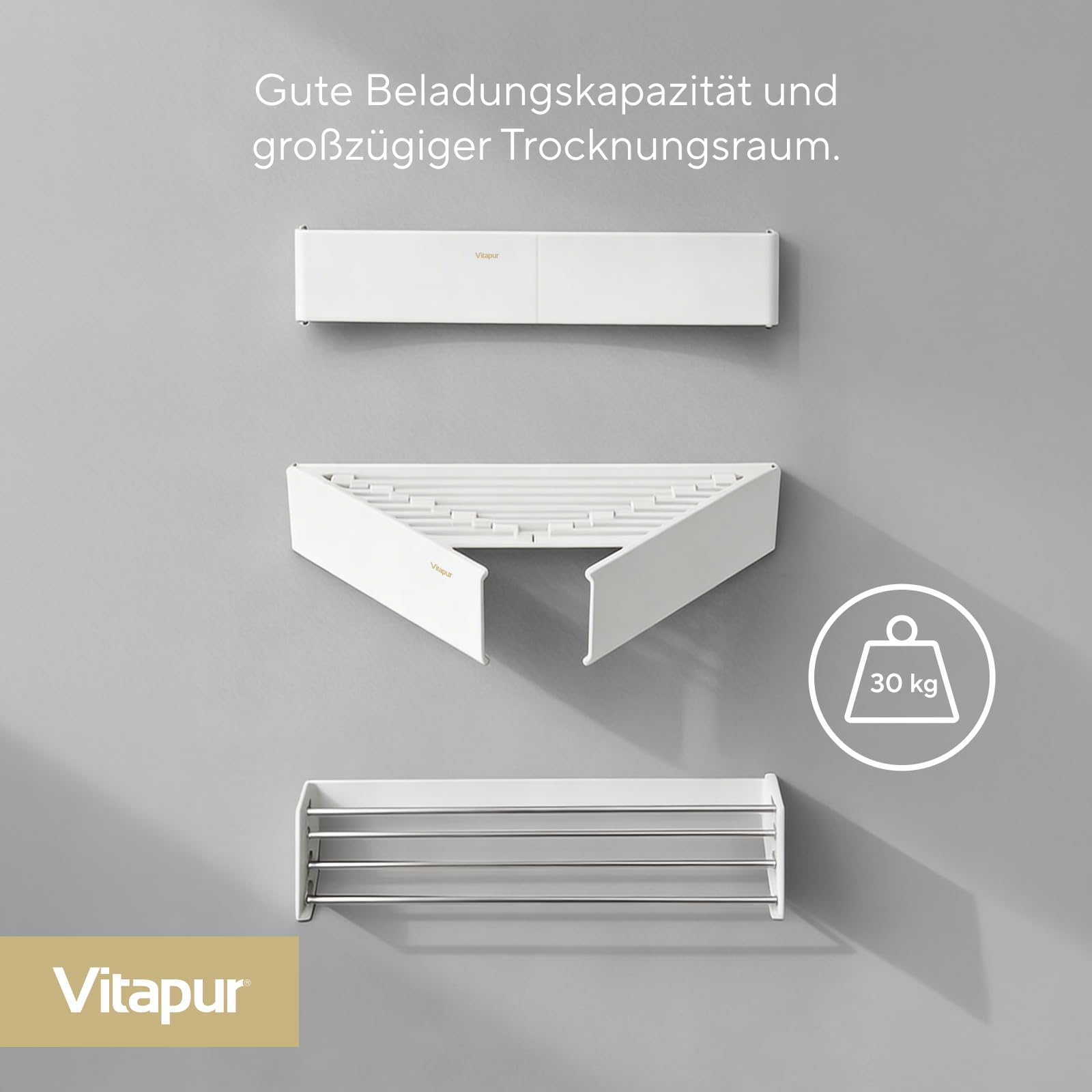 VITAPUR Stendibiancheria da Parete Retrattile - Per Carico Completo - 4m Superficie Pieghevole - Design Elegante e Antiruggine - 6 Barre Antiruggine, Estensibile per Interni ed Esterni - Marchio UE