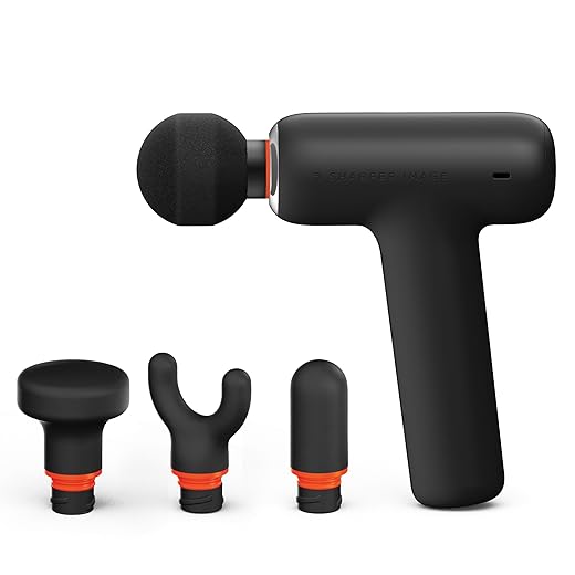 Sharper Image PowerBoost Core Mini Massage Gun| Portable Deep Tissue Percussion Massager with 6 Speeds| 4 Attachments| Quiet Motor| Cordless Muscle Recovery Tool with Carry Pouch
