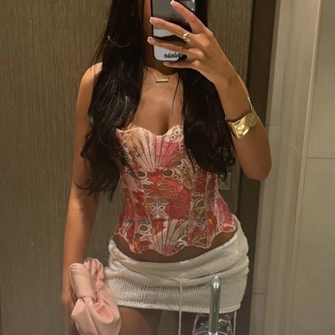 Women Sheer Floral Lace Corset Criss Cross Lace Up Backless Sweetheart Neck Hollow Out Textured Bustier Tube Top - Image 3