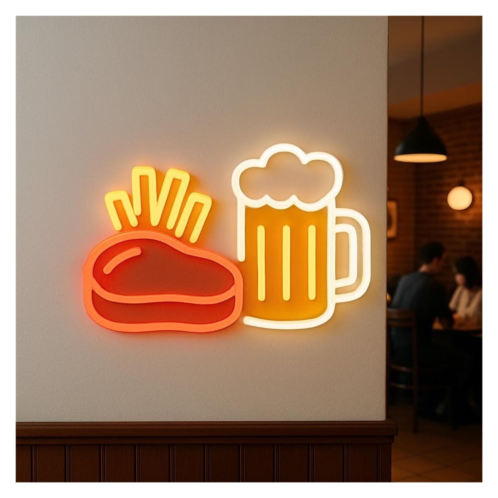 XENITE Hanging Art Neon Signs Steak Fries & Beer Mug Neon Sign, USB/Power Supplied for BBQ Shop 45cm/17.72in