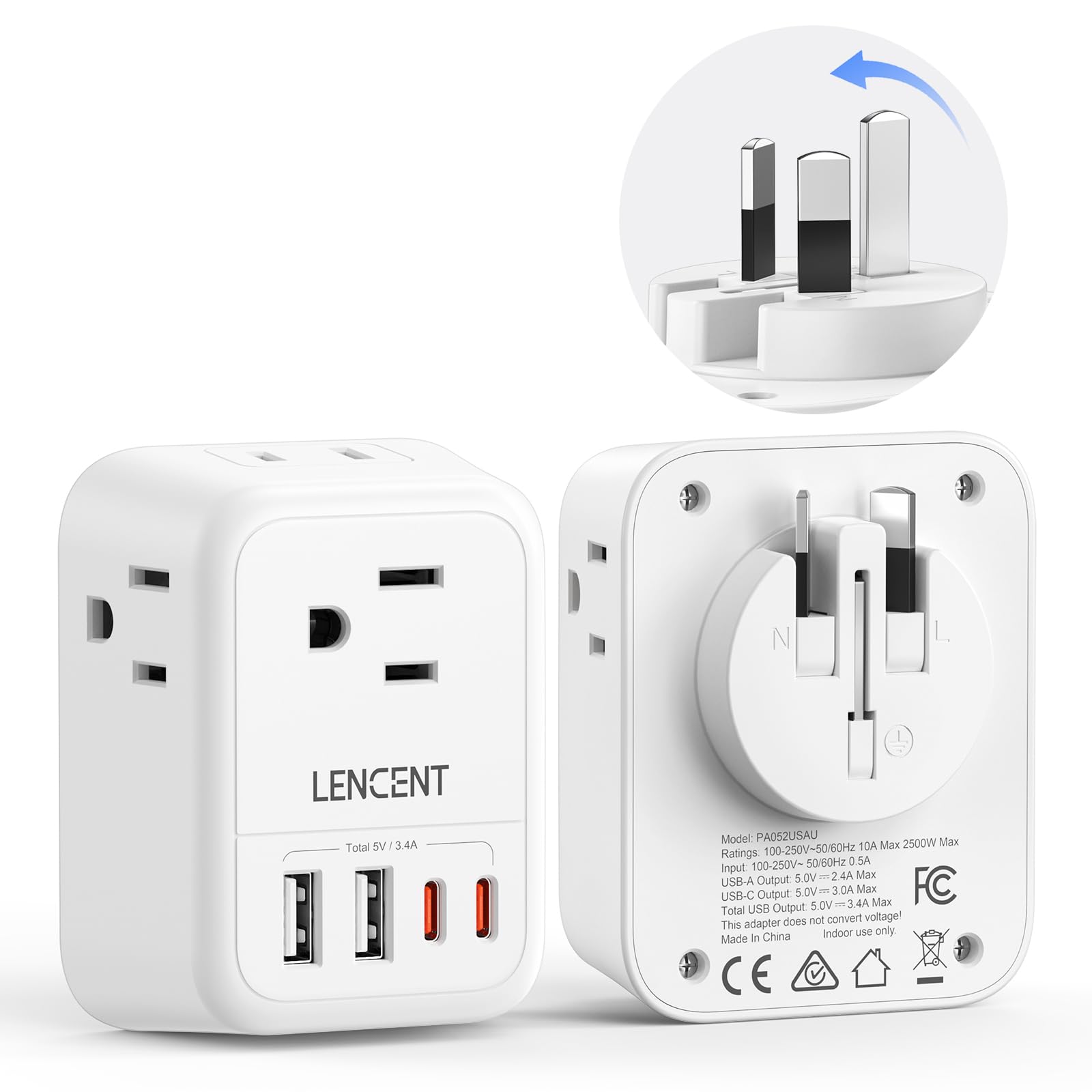 LENCENT Foldable Australia Travel Plug Adapter, US to New Zealand China Power Adaptor with 4 Outlets, 4 USB Charger(2 USB C Port), Type I Travel