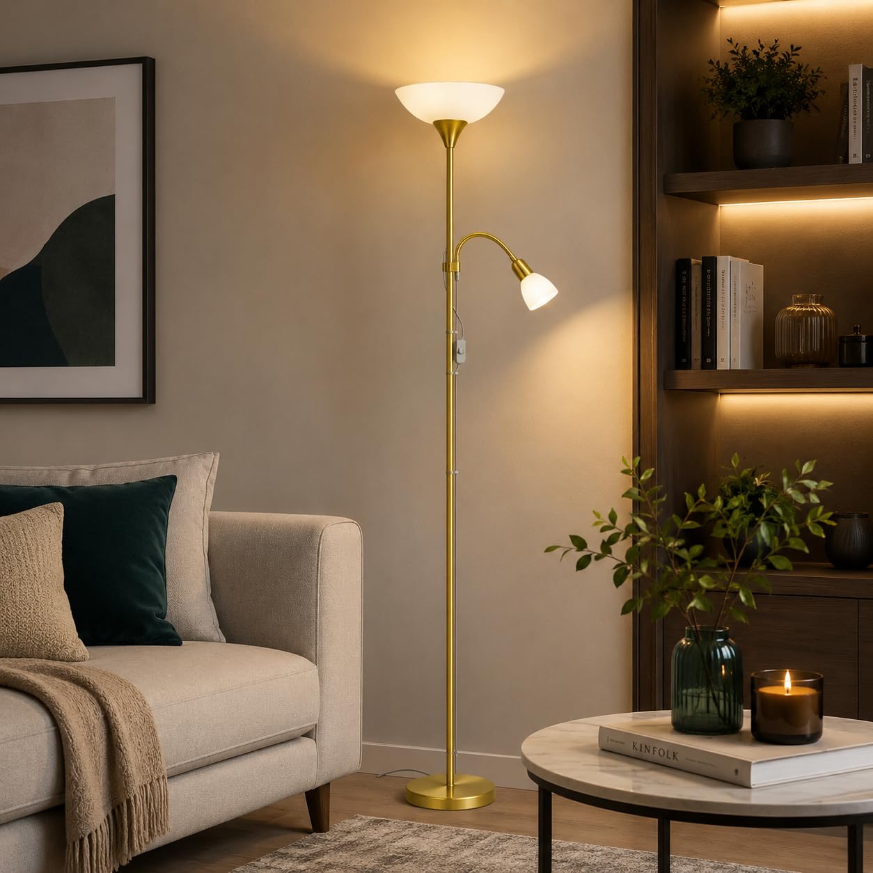 Eglo UP 2 Study Floor Lamp with Reading Light, Matte Brass Uplighter Floor Lamp, Dual E27 & E14 Standing Lamp with White Glass Shades, Modern Living Room Reading Lamp, 1765mm Height-image-28
