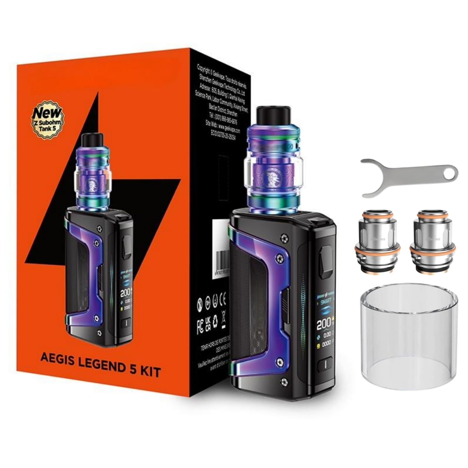 For Geekvape Kit Aegis Legend 5 Mod 200 W (Arcobaleno aurora) 7 ml Z Sub Ohm Tank 5 | Z XM Coil Boost versione 0,2 Ω+0,4 Ω | Riempimento Slide-Top | Doppia batteria 18650 [non inclusa] No Nicotine