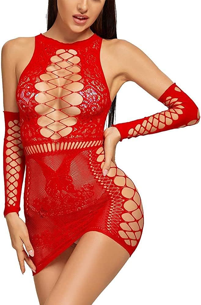 Women Lingerie Fishnet Set Chemise + Sleeve Babydolls Mini Dress Mesh Sleepwear Free Size UK 4-20