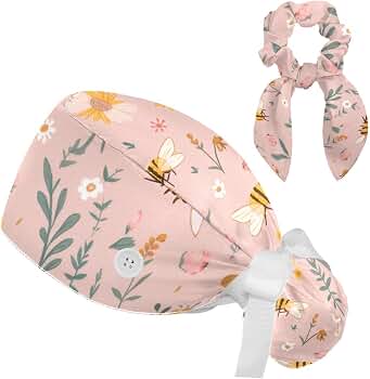 Niaocpwy Adjustable Working Cap With Buttons & Ponytail Hole - Roses Print Scrub Hat For Women (2 Pack)