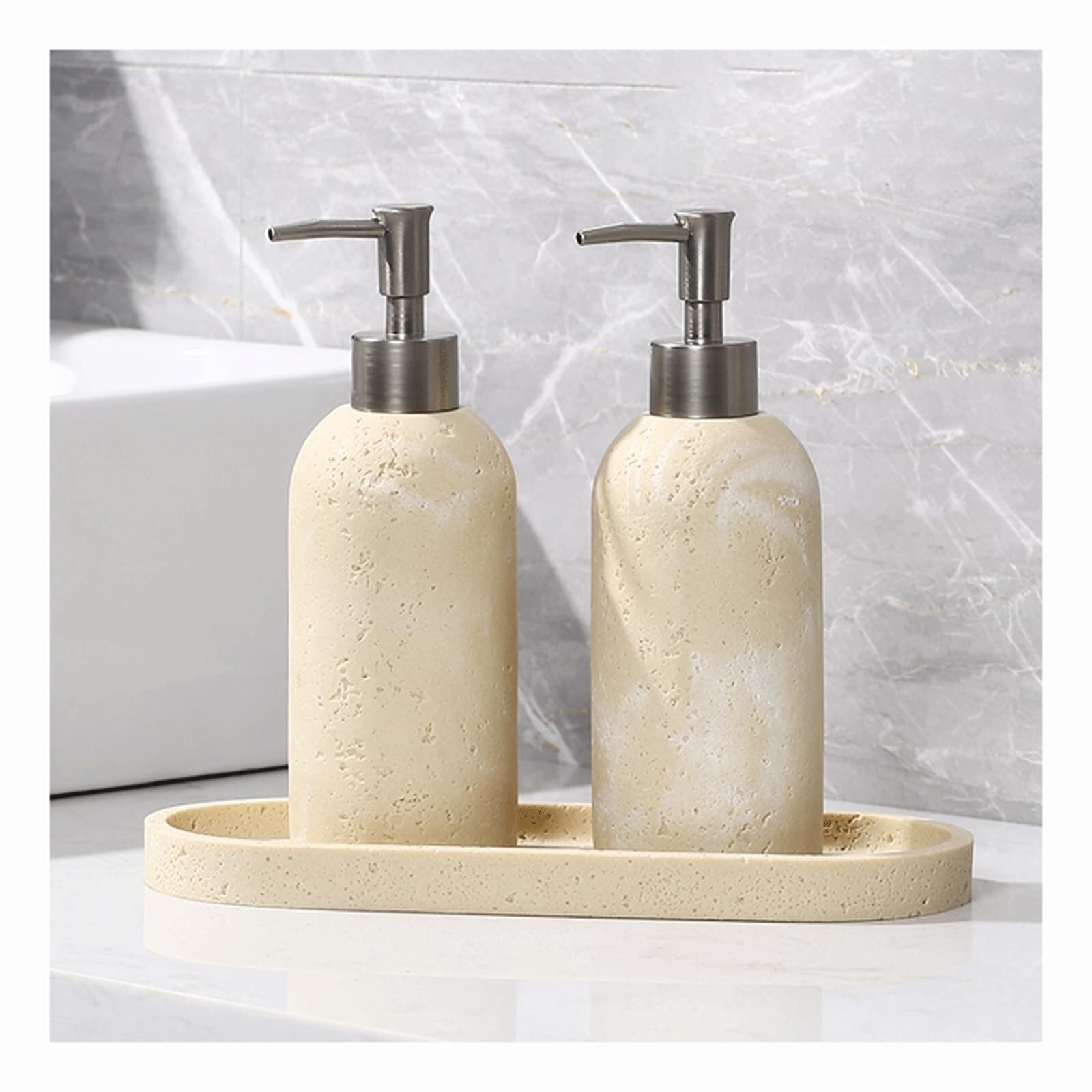 Stone Hand Liquid dozownik pompki, pojemność 17,6 oz, idealny do łazienki, do nowych gospodarstw domowych, obowiązkowy element wyposażenia łazienki (zestaw beżowy 1)