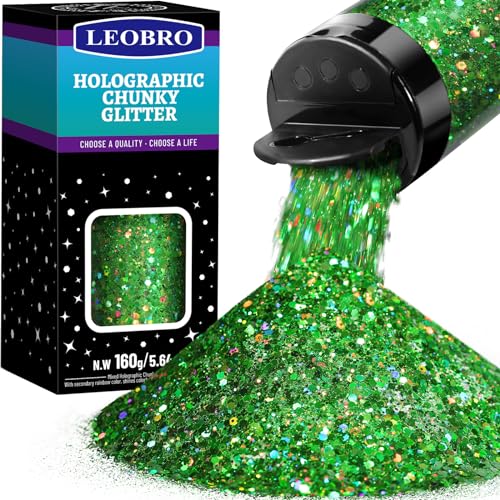 LEOBRO Green Glitter, Chunky Glitter, Glitter, 160g/5.65oz Craft Glitter for Resin, Holographic Glitter Sparkles Chunky Glitter for Crafts Tumblers Candles Arts Crafts, St Patricks Day Decorations