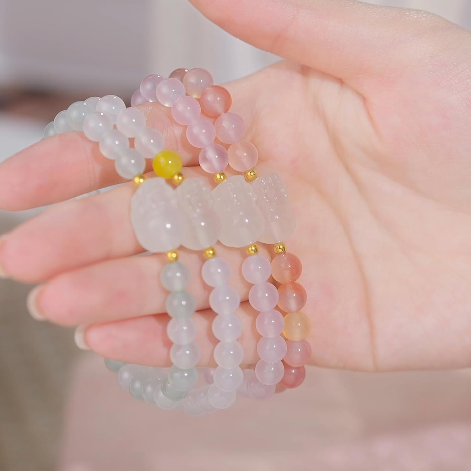 18K Gold Bracelets Chalcedony Beaded Bracelet Pixiu Charm Bracelet Natural Round White/Pink/Green Chalcedony Red Agate Gemstone Stretch Bracelets Healing Bracelet for Women Mom Lover - Image 4